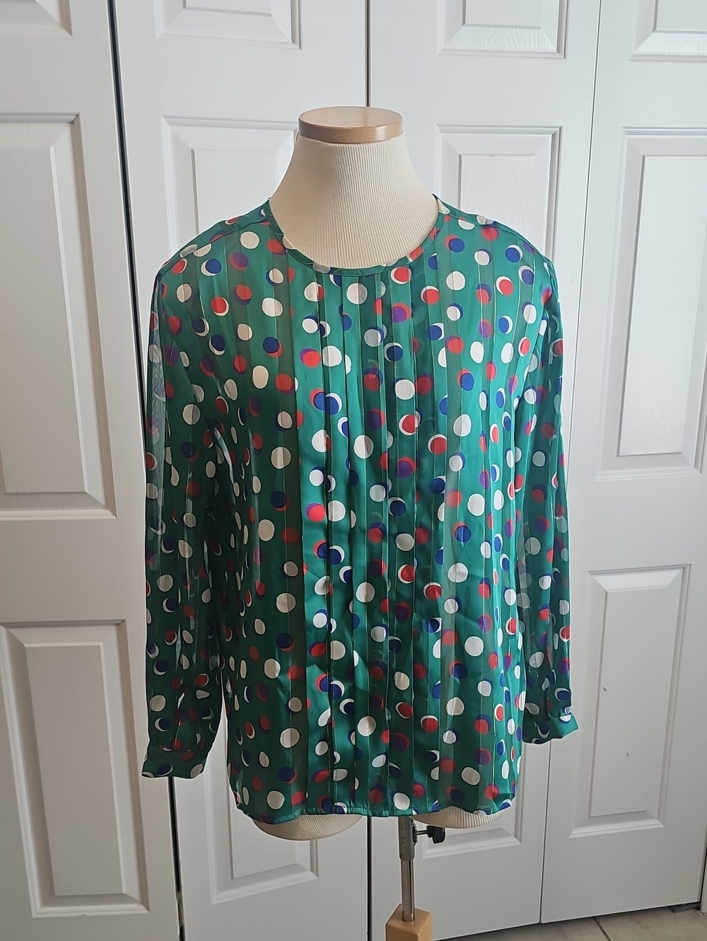Lindsey Blake‎ Vintage Polka Dot Pleated Blouse Womens Size 14 Green Lurex Retro